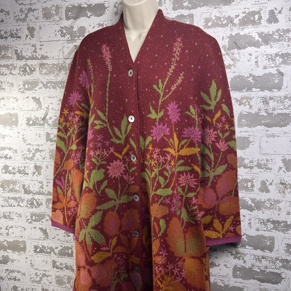 Gudrun Sjoden Wool & Eco Cotton Sz M Long Cardigan Whimsical Floral Boho Artsy